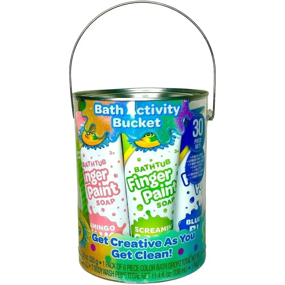 NEW Crayola Bath Activity Bucket 30 Piece Set Bath Bombs Finger Paints Wash Pens
